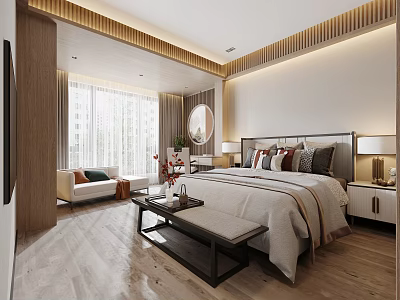 Modern Bedroom Interior Design With Bed Nightstands Lamps Decorative Mirror And Wooden Floor 3d model