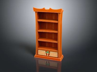 Standing Orange Wooden Bookcase With Multiple Shelves And Classic Decorative Base Design 3d model