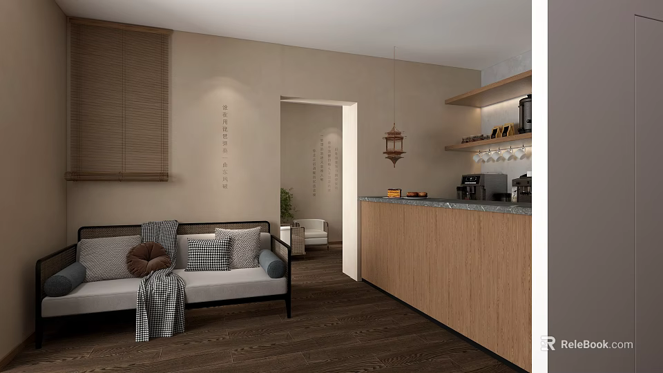Modern Clubhouse Interior With Cozy Sofa Wooden Bar Counter Hanging Lantern And Green Plant 3d model 