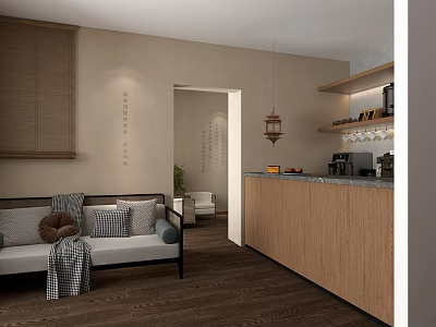 Modern Clubhouse Interior With Cozy Sofa Wooden Bar Counter Hanging Lantern And Green Plant 3d model