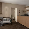 Modern Clubhouse Interior With Cozy Sofa Wooden Bar Counter Hanging Lantern And Green Plant