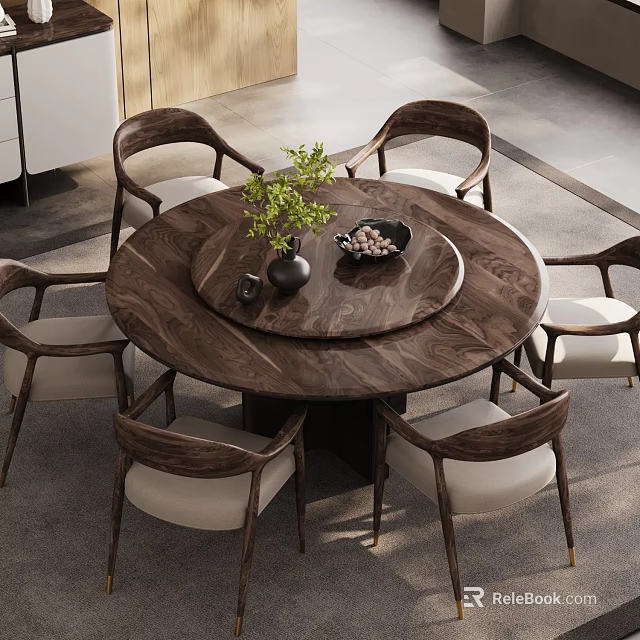 Modern Restaurant Interior With Round Wooden Dining Table Chairs Green Plant And Decorative Items 3d model 
