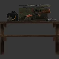 Military Weapons Collection on Wooden Table with Green Case Rifles Ammunition Belt and Grenades