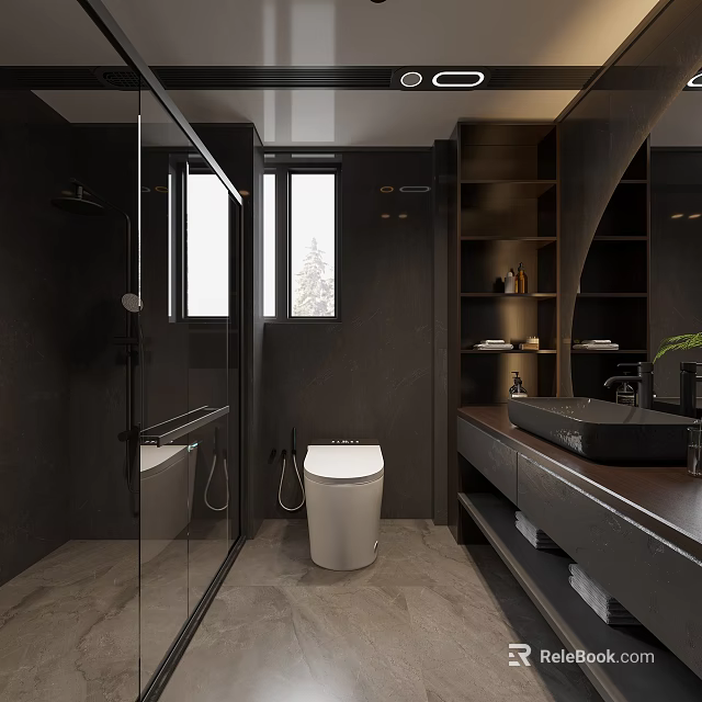 Modern Bathroom Interior Design With Glass Shower Toilet Dark Vanity And Shelves 3d model 