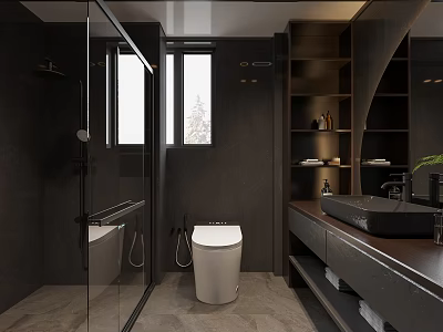 Modern Bathroom Interior Design With Glass Shower Toilet Dark Vanity And Shelves 3d model