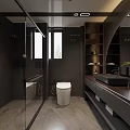 Modern Bathroom Interior Design With Glass Shower Toilet Dark Vanity And Shelves