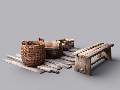 Rustic Garden Decor Featuring Wicker Basket Wooden Bucket Crate Bench On Plank Platform 3d model