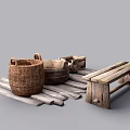 Rustic Garden Decor Featuring Wicker Basket Wooden Bucket Crate Bench On Plank Platform