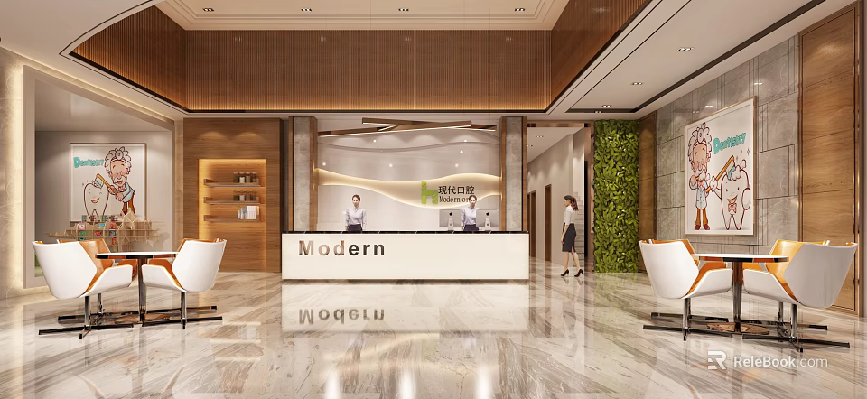 Modern Hospital Outpatient Clinic Reception With Front Desk Staff Living Plant Wall And Marble Flooring 3d model 