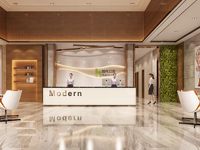Modern Hospital Outpatient Clinic Reception With Front Desk Staff Living Plant Wall And Marble Flooring 3d model