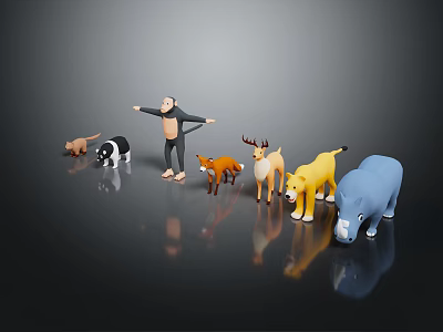 Various Toy Animals Including Monkey Cat Cow Fox Deer Lion And Hippo 3d model