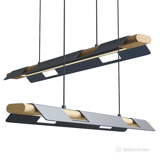 Modern Long Linear Pendant Light Design With Metal Frame And Wooden Accents 3d model 