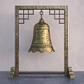 Golden Bell Hanging On Geometric Pattern Frame With Light Colored Wall And Gray Floor 3d model