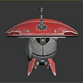 Red Flying Saucer Shaped Object With Rotors Blue Sphere And Stands On Dark Surface