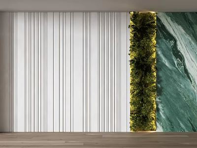 Modern TV Wall Design With White Vertical Stripes Green Plant Wall And Marble Accent 3d model
