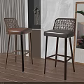 Modern Bar Stools With Woven Backrest Leather Seat And Wooden Legs In Indoor Space