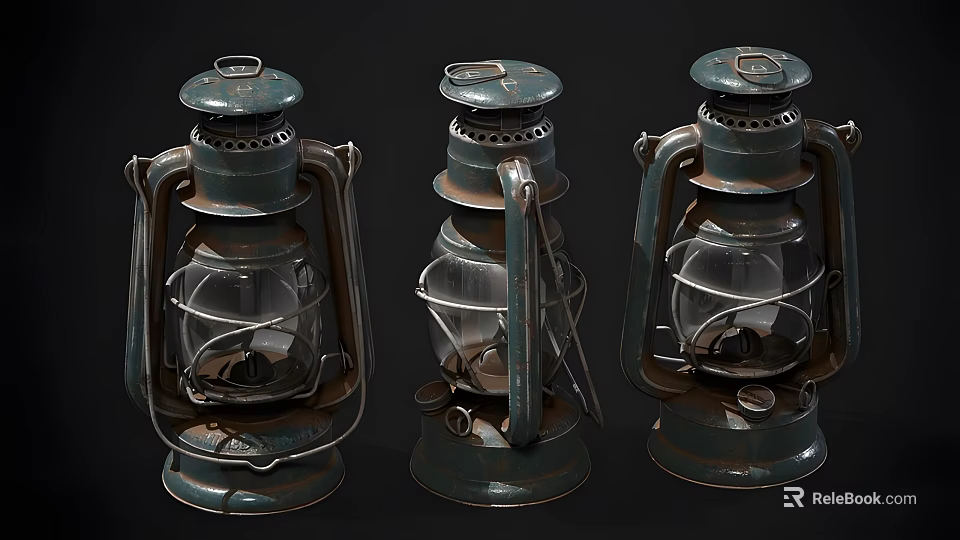 Vintage Industrial Equipment Three Classic Kerosene Lamps With Retro Design 3d model 