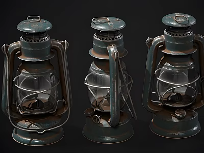 Vintage Industrial Equipment Three Classic Kerosene Lamps With Retro Design 3d model