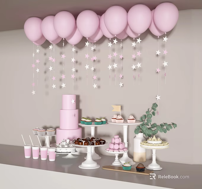 Decorative Ornament Set With Pink Balloons Star Decorations Dessert Trays And Green Plants 3d model 