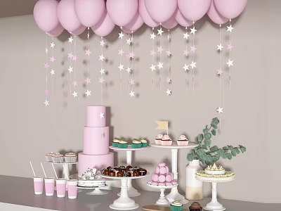 Decorative Ornament Set With Pink Balloons Star Decorations Dessert Trays And Green Plants 3d model