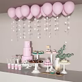 Decorative Ornament Set With Pink Balloons Star Decorations Dessert Trays And Green Plants