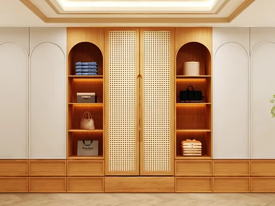 Modern Wooden Wardrobe With Double Doors Lattice Design Open Shelves For Bags And Clothes Storage 3d model