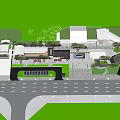 Modern Sales Office Building With Outdoor Seating Green Lawn And Trees
