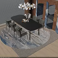 Modern Black Dining Table Set With Six Gray Chairs And Decorative Centerpiece