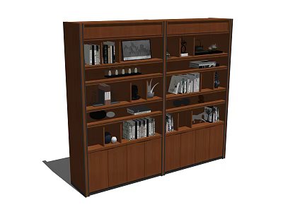 Modern Wooden Bookcase With Multi-Shelf Design Holding Books Decorative Items And Small Potted Plant 3d model