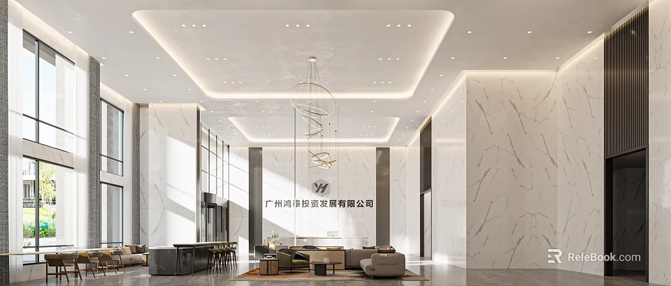 Elegant Bright Luxury Marble Company Reception Lobby With Comfortable Lounge Seating And Artistic Chandelier 3d model 