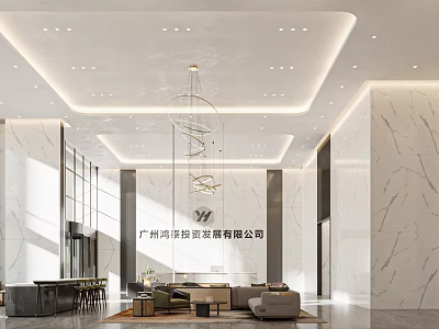 Elegant Bright Luxury Marble Company Reception Lobby With Comfortable Lounge Seating And Artistic Chandelier 3d model
