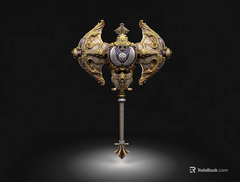 Ornate War Hammer With Golden White Intricate Design Heart Shaped Emblem And Cross Base 3d model 