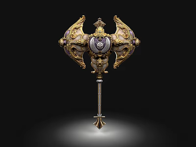 Ornate War Hammer With Golden White Intricate Design Heart Shaped Emblem And Cross Base 3d model