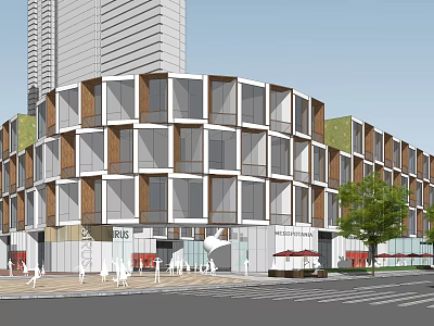 Modern Building Exterior Design With Wood Glass Facade Large Windows Pedestrians And Tree On Street 3d model
