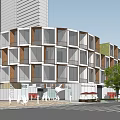 Modern Building Exterior Design With Wood Glass Facade Large Windows Pedestrians And Tree On Street