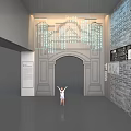 Elegant Event Gateway With Arched Doorway Hanging Transparent Decorations And Brick Wall