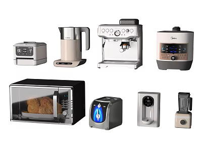 Modern Kitchen Appliances Including Coffee Maker Microwave Blender Electric Kettle And Rice Cooker 3d model