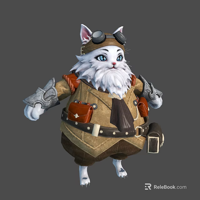 White Fur Cat Character In Adventurer Outfit With Goggles And Belt 3d model 