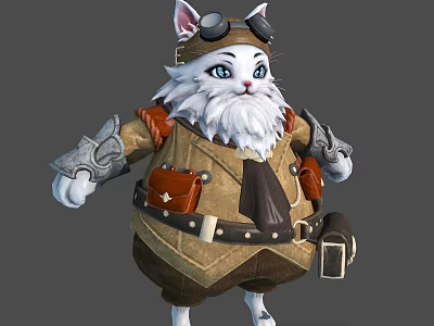 White Fur Cat Character In Adventurer Outfit With Goggles And Belt 3d model