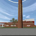 Industrial Factory Complex With Red Roof Glass Roof Structure Green Lawn Trees And Chimney