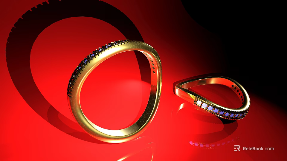 Stunning Gold Rings Encrusted with Blue and White Gemstones on Red Background 3d model 