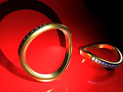 Stunning Gold Rings Encrusted with Blue and White Gemstones on Red Background 3d model