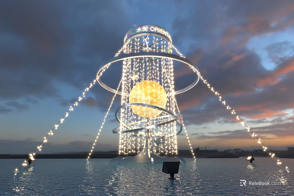 Oriental Pearl Tower Illuminated Light Show At Night With Water Reflection 3d model 