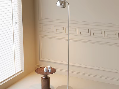 Modern Silver Floor Lamp Next to Wooden Side Table with White Decor on Light Wall 3d model