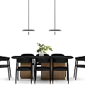 Modern Dining Table Set With Black Chairs Wooden Table And Green Plant