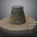 Carved Stone Sculpture with Layered Conical Structure and Circular Base