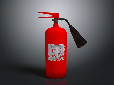 Red Fire Extinguisher With Red Nozzle Black Hose And White Instructional Label 3d model