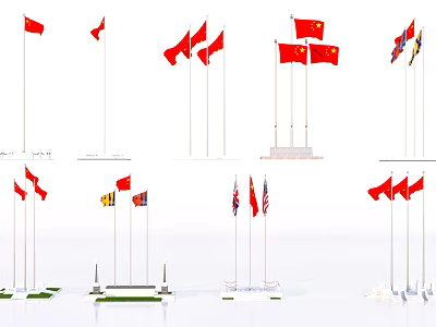 Chinese And International National Flags Displayed On Different Flagpoles With Various Arrangements 3d model