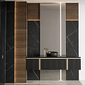 Modern Bathroom Vanity With Black Marble Walls Wooden Accents Double Washbasins And Ambient Lighting