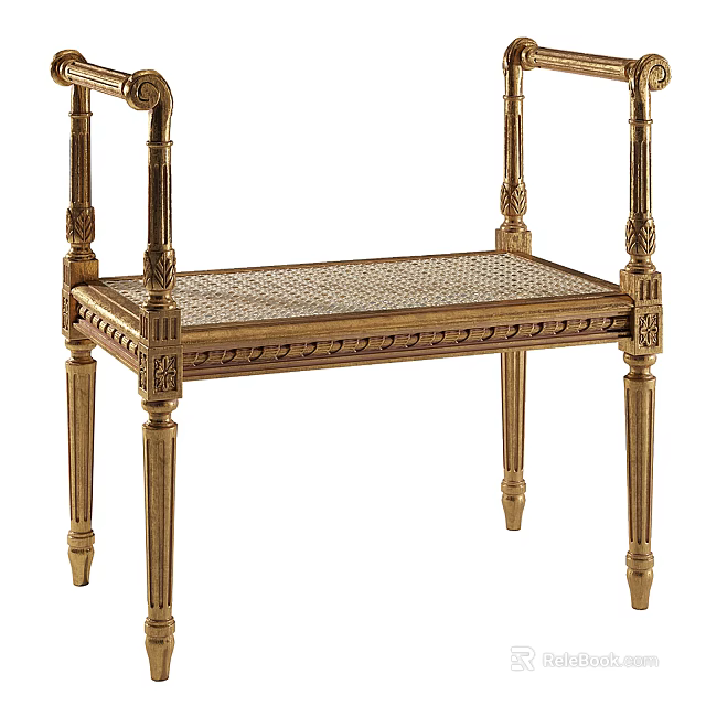 Classical Golden Stool With Carved Decorations Rattan Weave Seat And Elegant Legs 3d model 